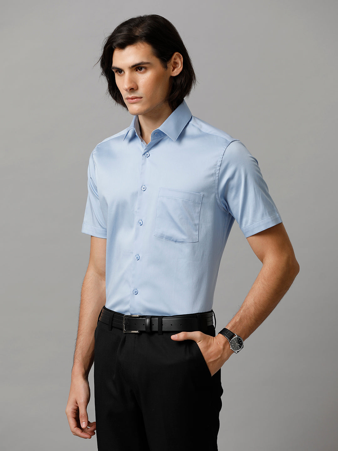 Aldeno Men Solid Formal Light Blue Shirt (SABBL)