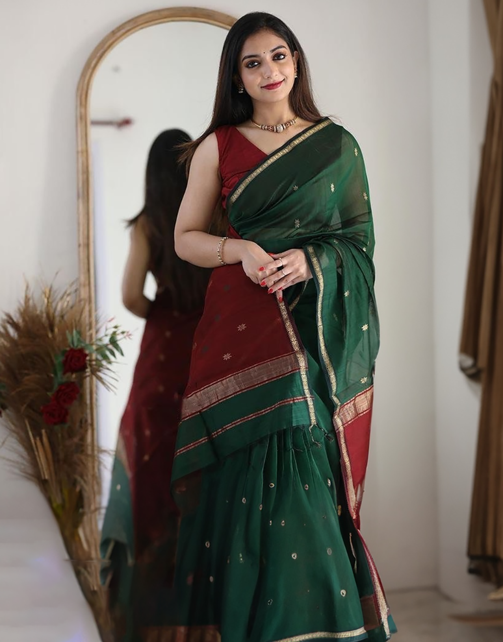 Green And Red Soft Cotton Saree With Golden Zari Weaving