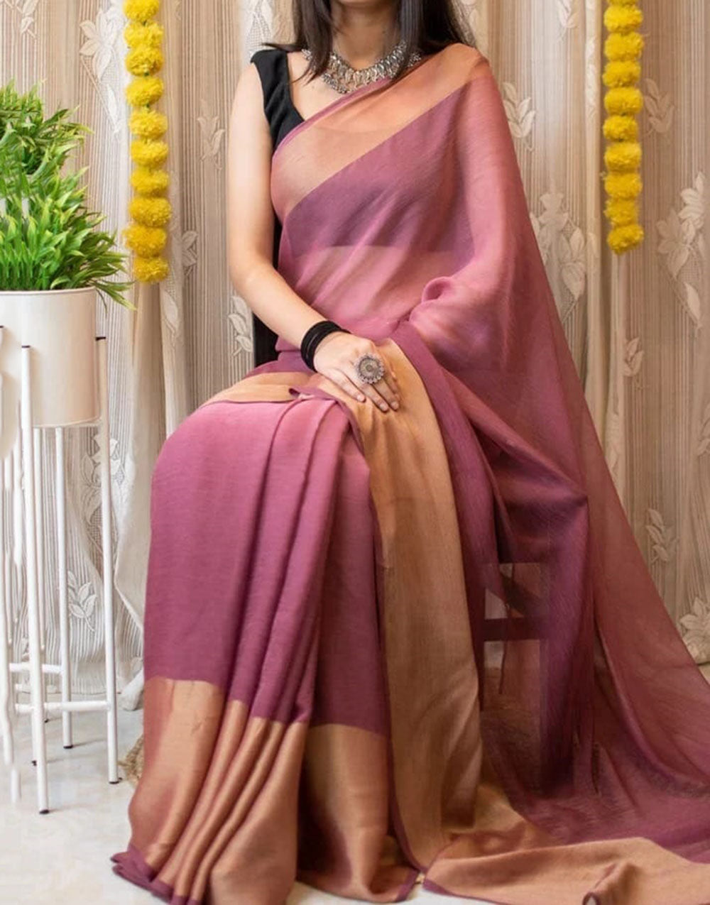 1 Min In Ready To Wear Peach Chiffon Silk Two Shad Saree