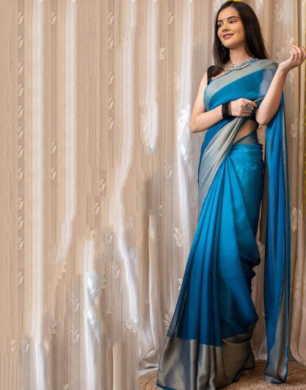 1 Min In Ready To Wear Rama Blue Chiffon Silk Two Shad Saree