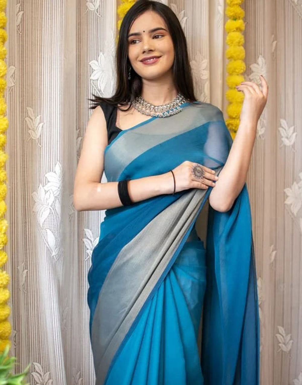 1 Min In Ready To Wear Rama Blue Chiffon Silk Two Shad Saree