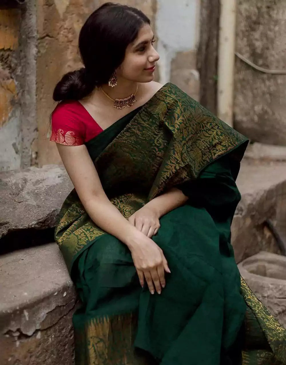 Green Color Soft Lichi Silk Zari Work Saree