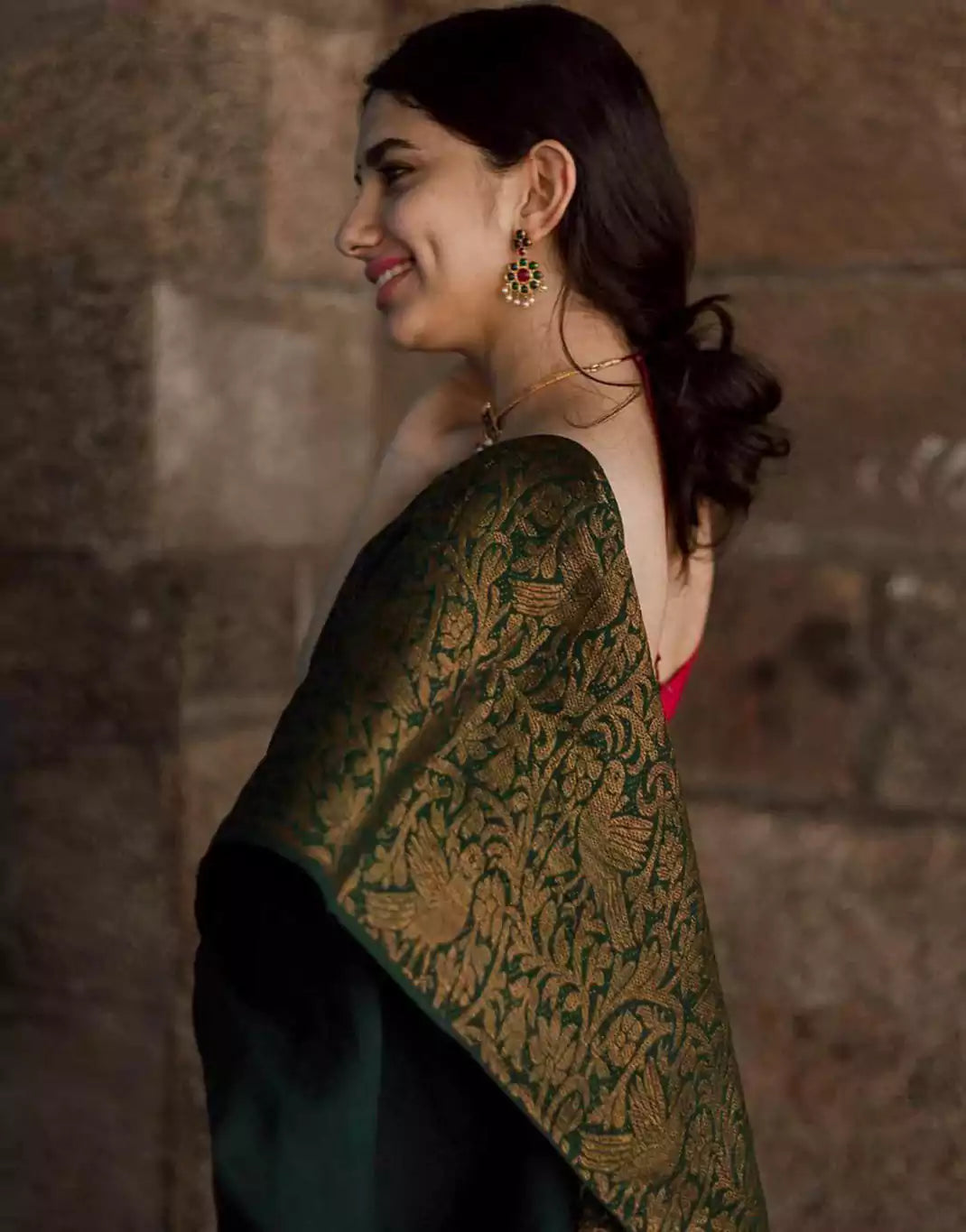 Green Color Soft Lichi Silk Zari Work Saree