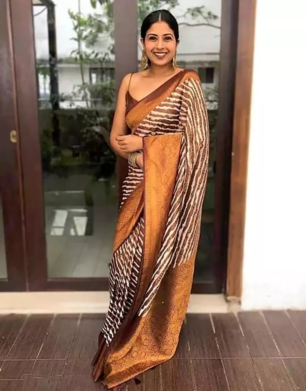 Brown Soft Laheriya Banarasi Silk Saree With Zari Weaving Work