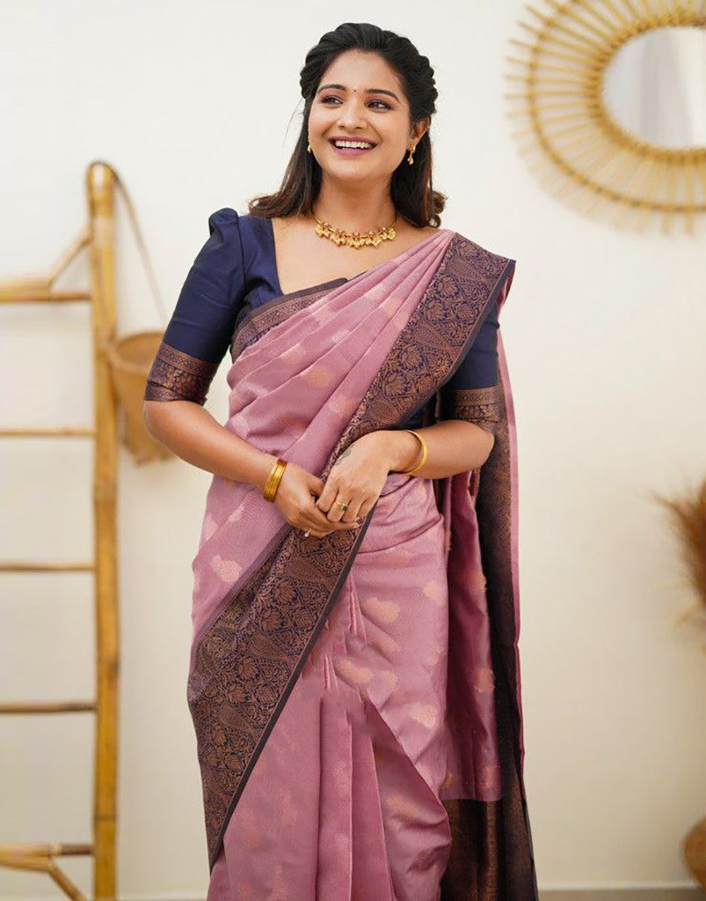 Baby Pink Soft Silk Saree With Copper Zari Weaving