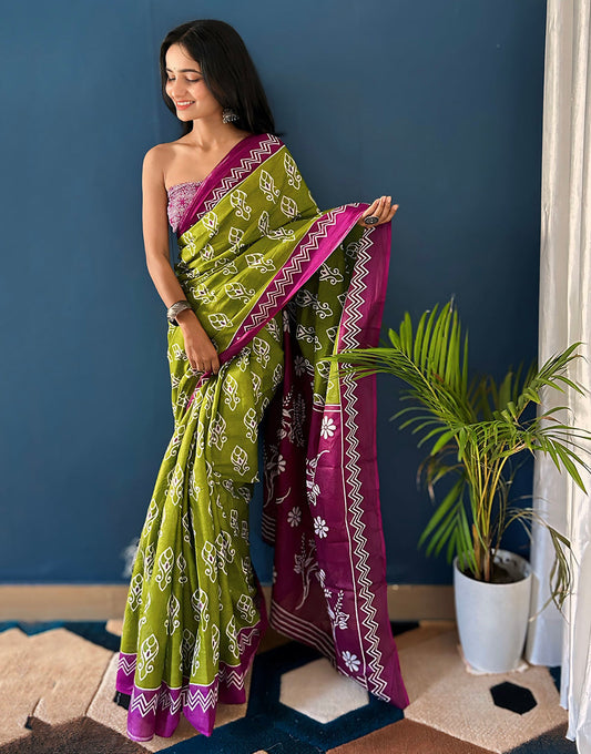 Green & Purple Pure Soft Mulmul Cotton Saree With Block Printed Work