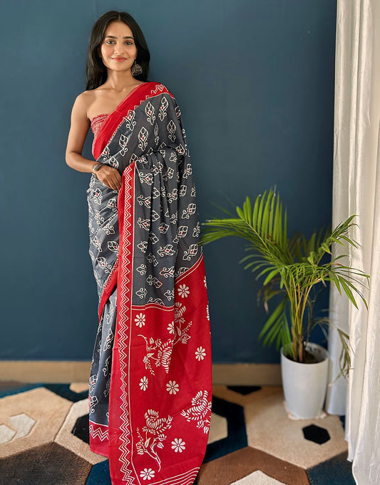 Gray & Red Pure Soft Mulmul Cotton Saree With Block Printed Work