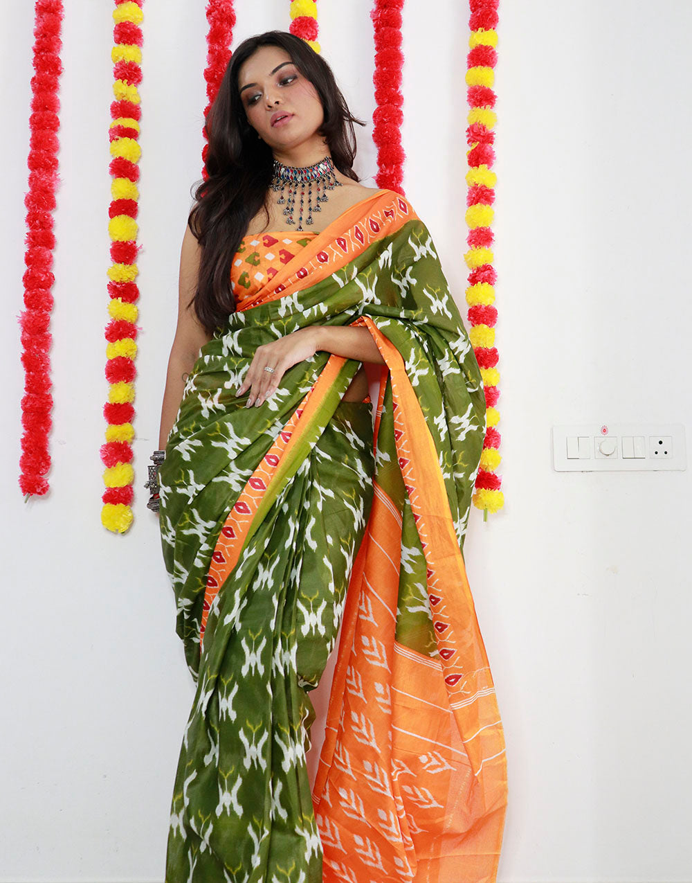 Olive Green Pure Soft Mulmul Cotton Saree With Printed Work