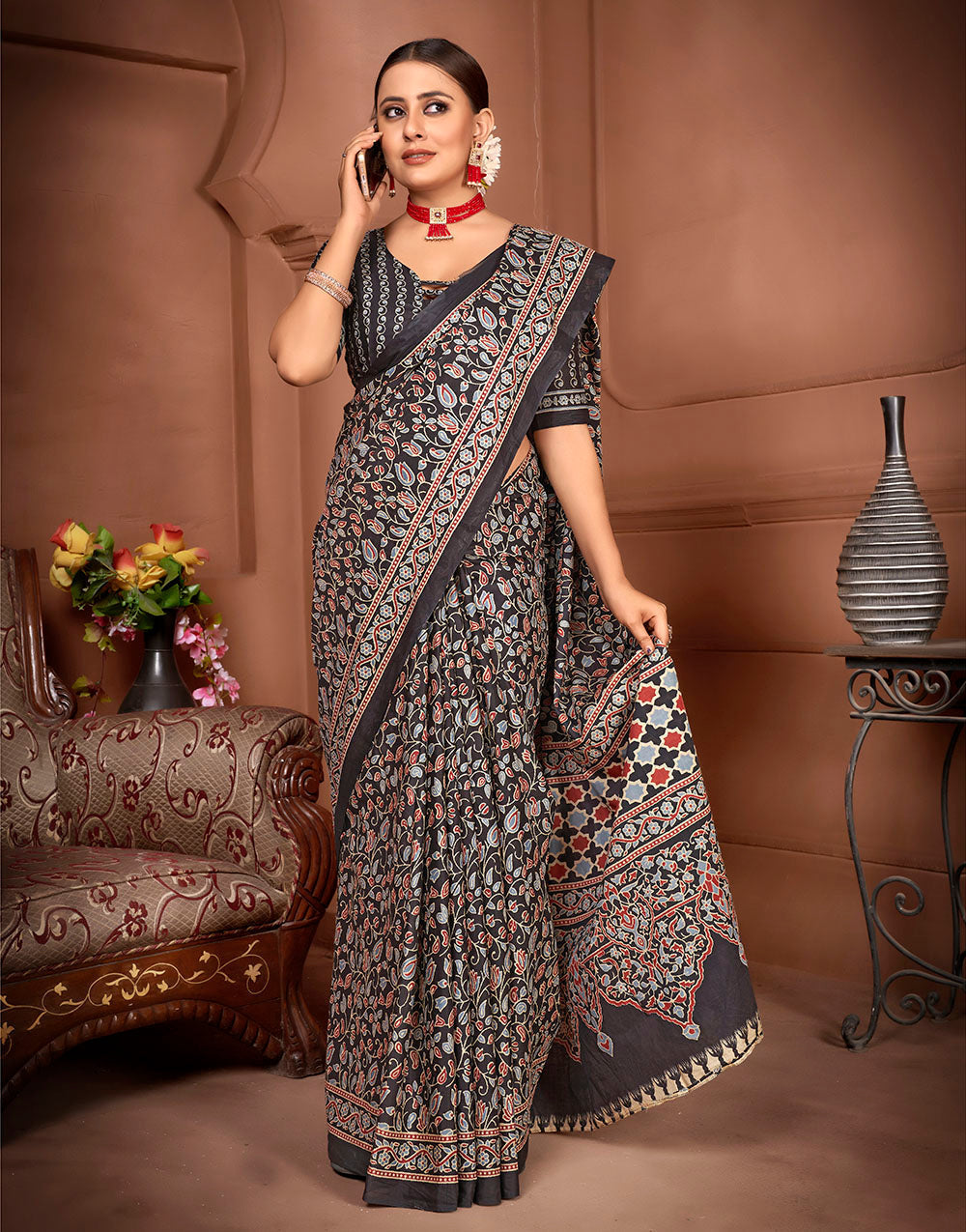 Black Designer Soft Pure Cotton Saree With Block Printed Work