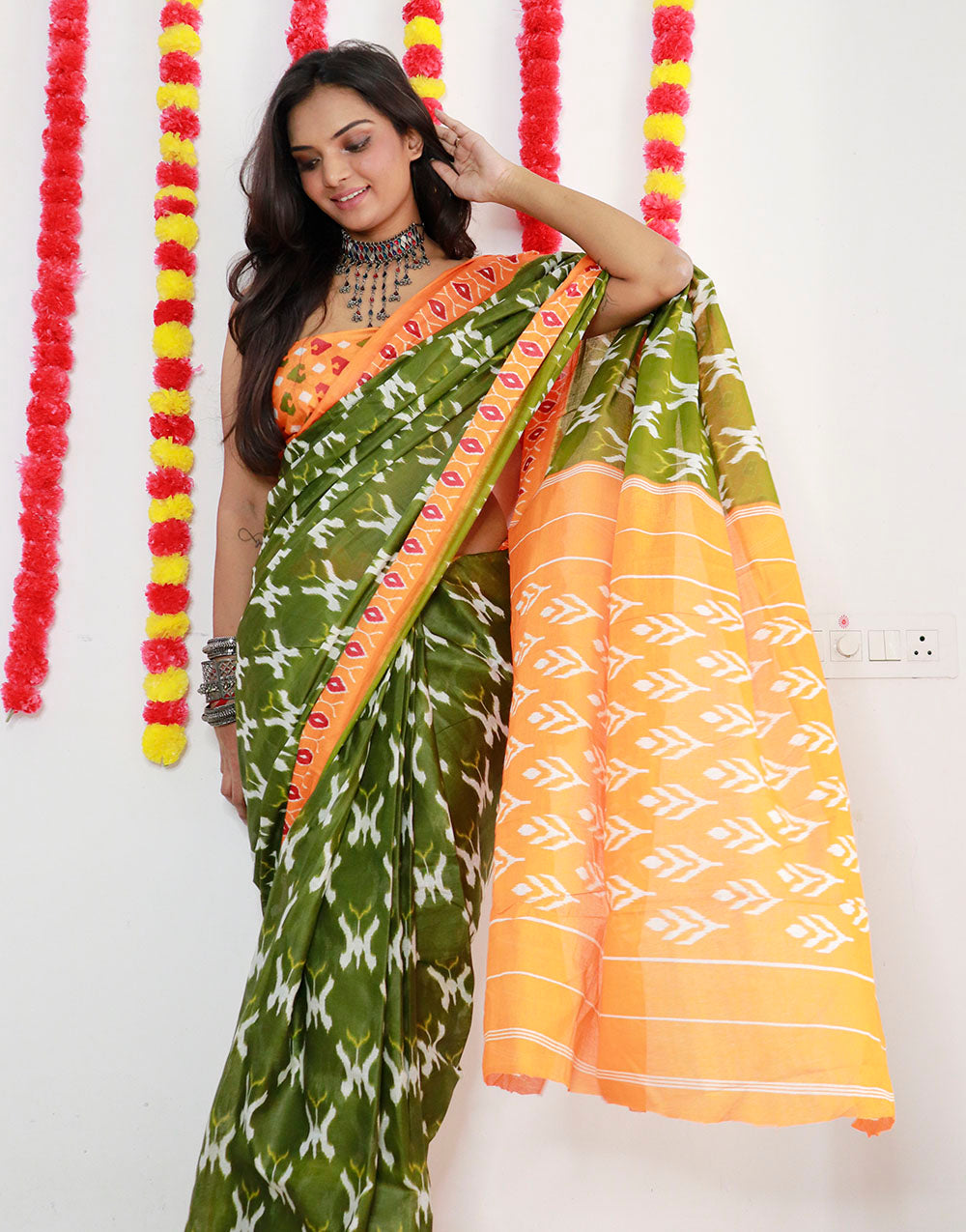 Olive Green Pure Soft Mulmul Cotton Saree With Printed Work