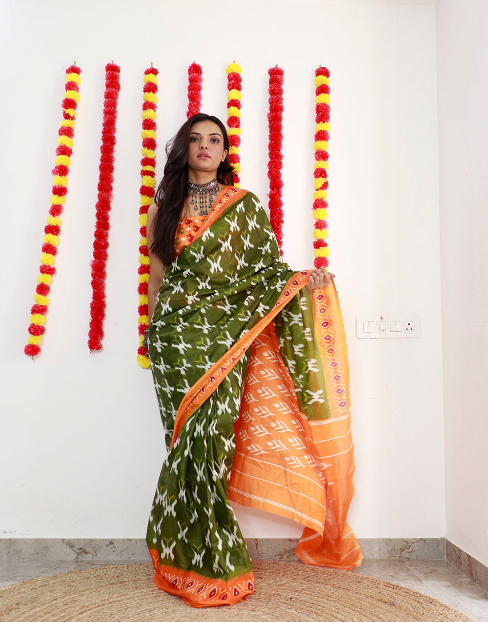 Olive Green Pure Soft Mulmul Cotton Saree With Printed Work