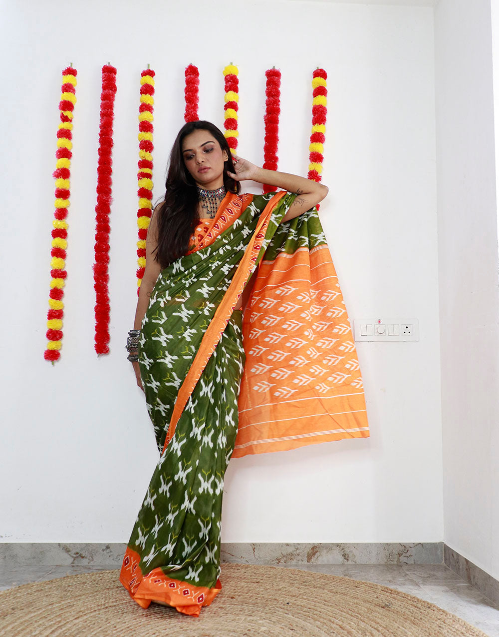 Olive Green Pure Soft Mulmul Cotton Saree With Printed Work