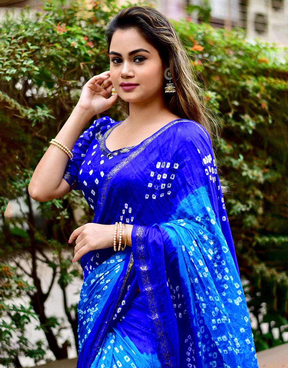 Blue Hand Bandhej Bandhani Saree With Printed Work