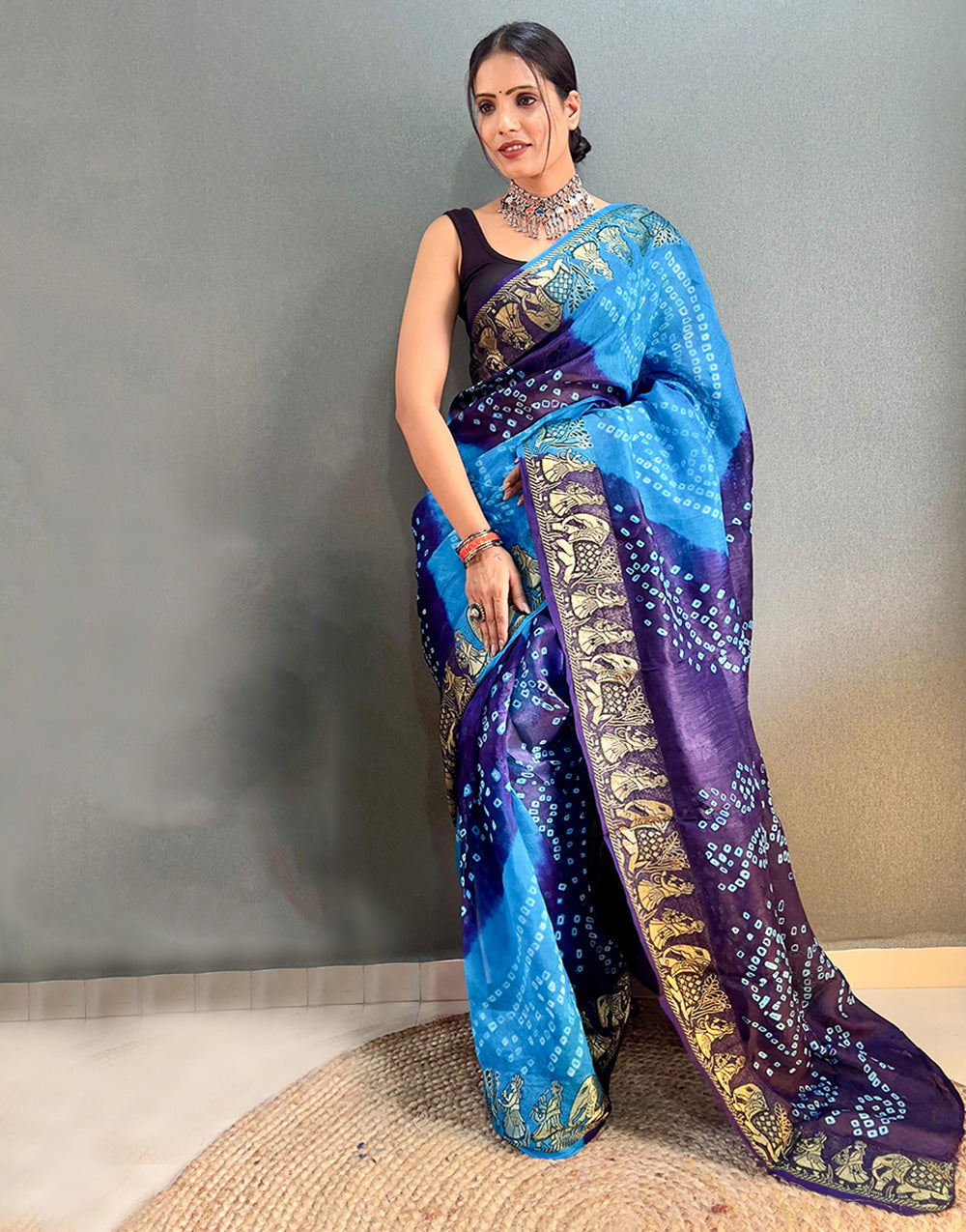 Blue Hand Bandhej Bandhani Saree With Weaving Border