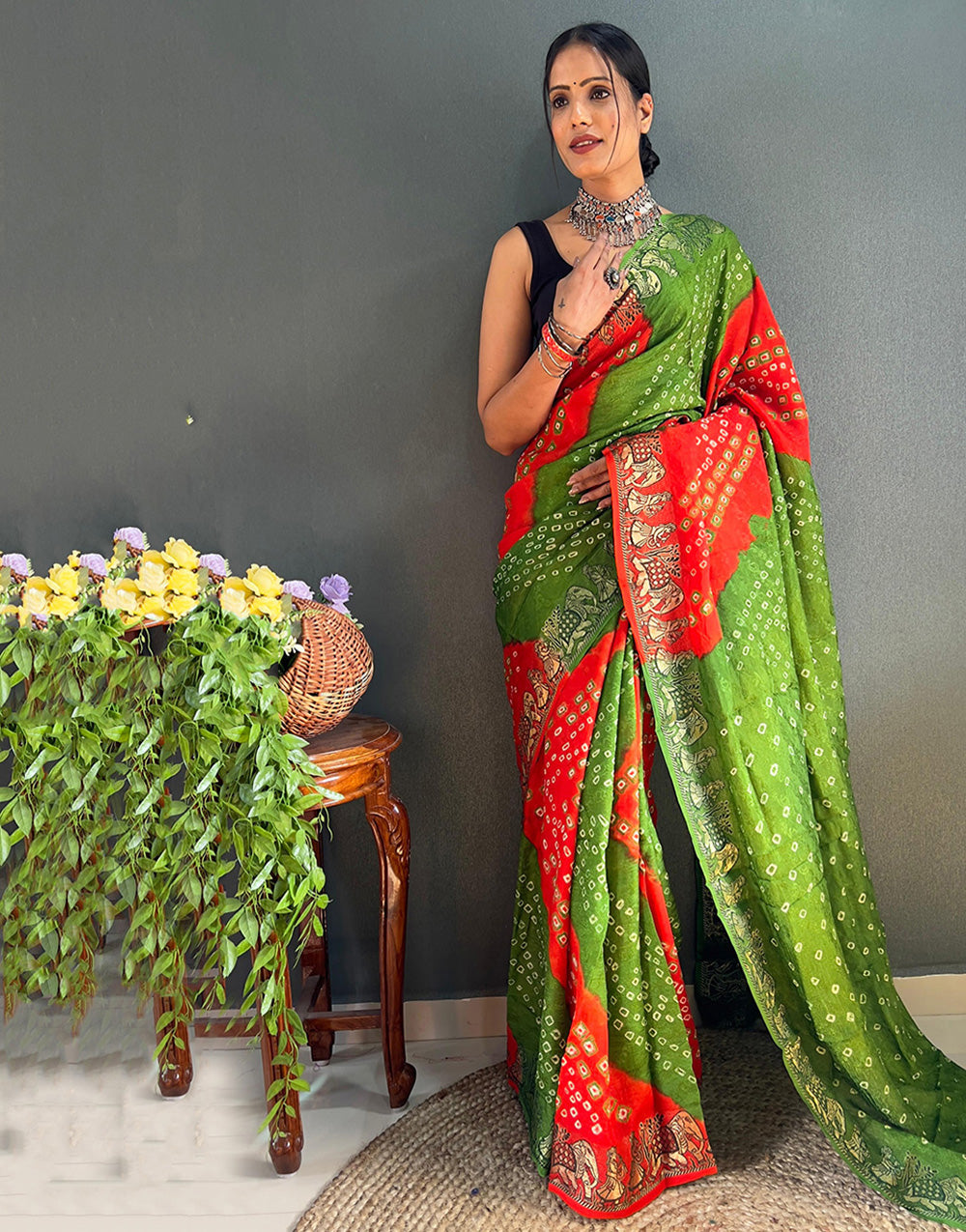 Dark Orange & Light Green Hand Bandhej Bandhani Saree With Weaving Border