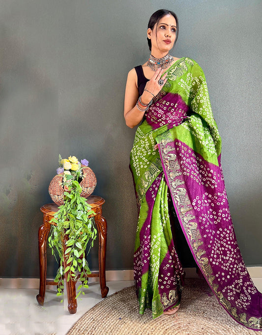 Green & Wine Hand Bandhej Bandhani Saree With Weaving Border