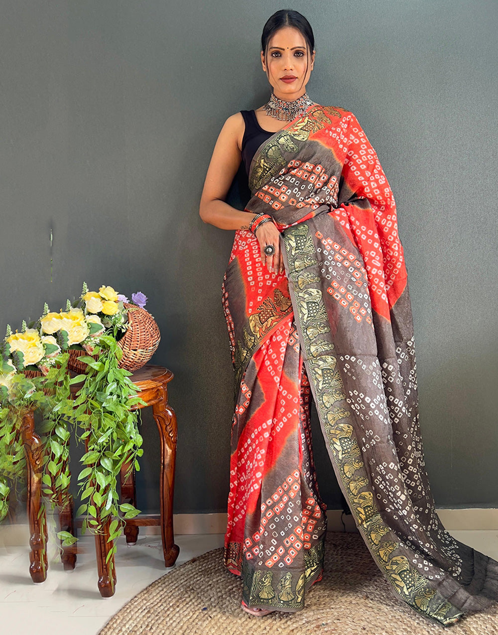 Orange & Gray Hand Bandhej Bandhani Saree With Weaving Border