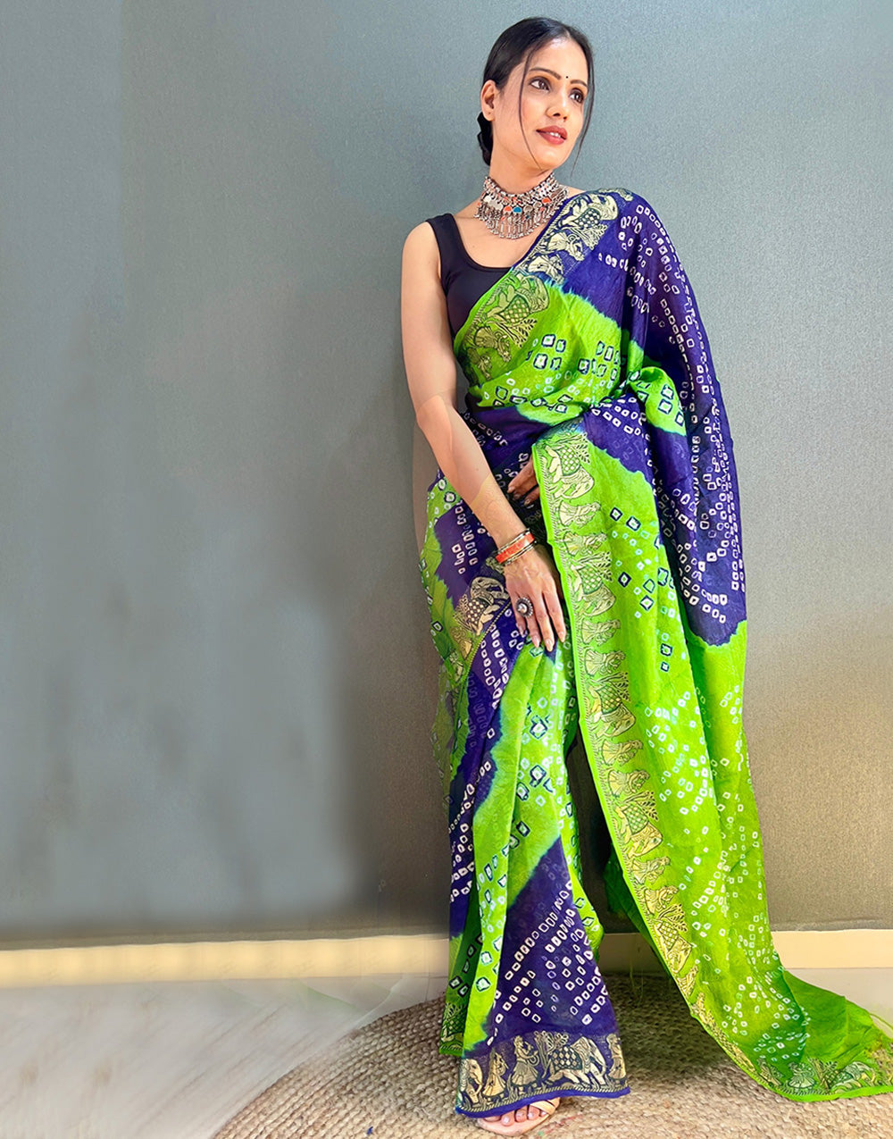 Parrot Green Hand Bandhej Bandhani Saree With Weaving Border