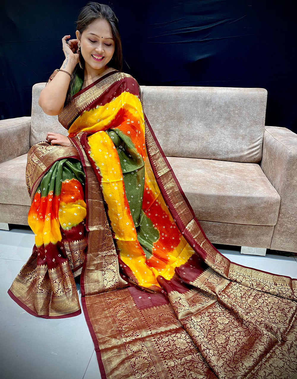 Dark Maroon Hand Bandhej Bandhani Saree With Weaving Work