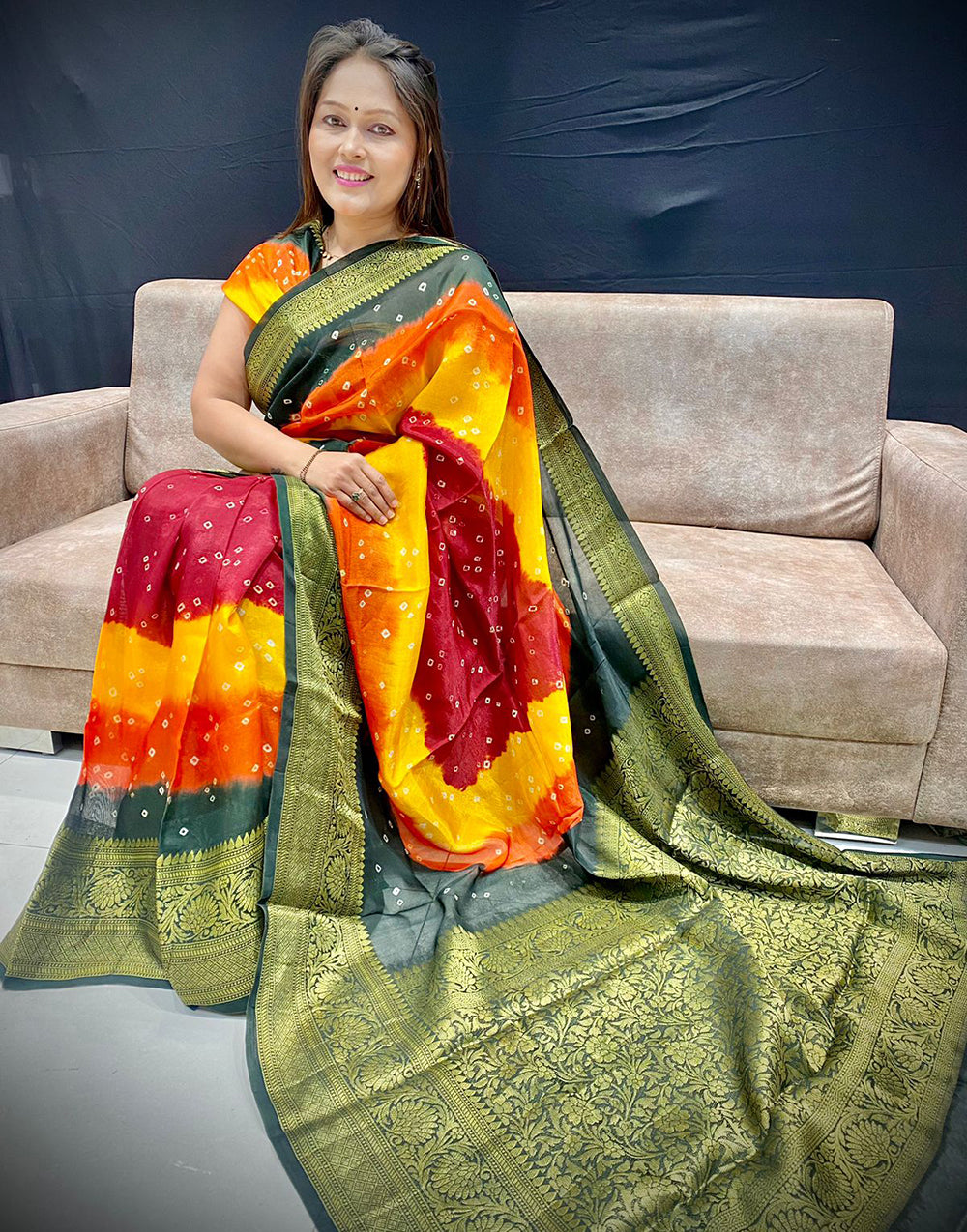 Green Hand Bandhej Bandhani Saree With Weaving Work