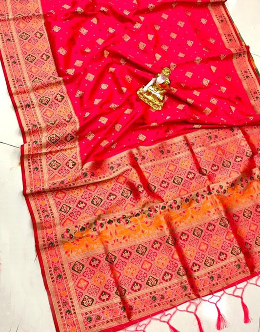 Candy Apple Red Banarasi Soft Silk Saree With Zari Weaving Work