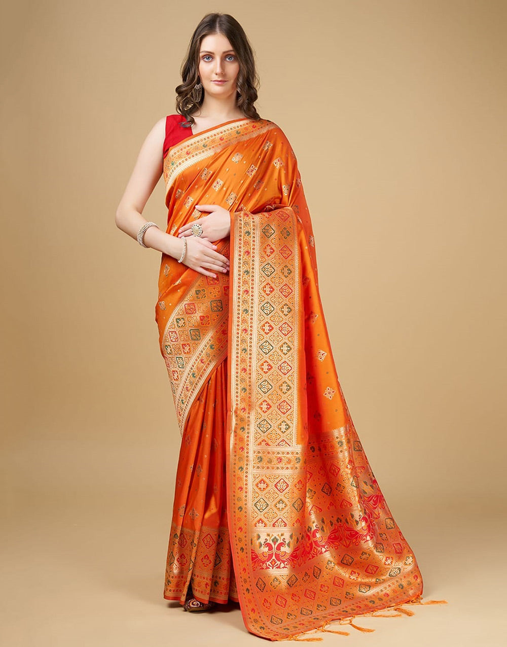 Orange Banarasi Soft Silk Saree With Zari Weaving Work