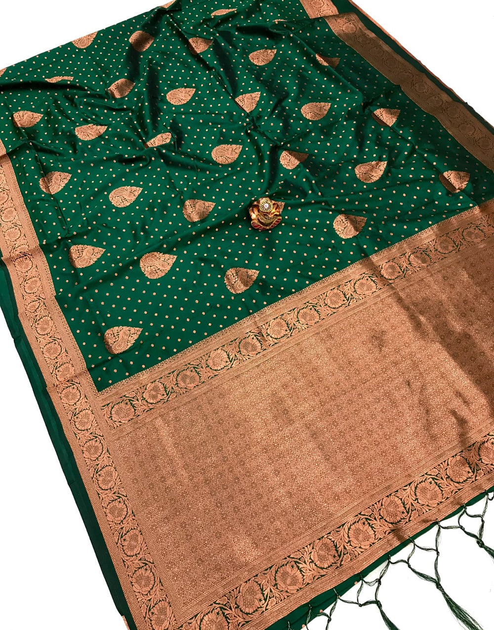 Dark Green Banarasi Silk Saree With Copper Zari Weaving Work