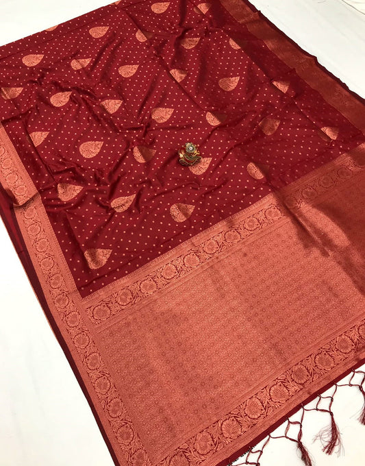 Deep Maroon Banarasi Silk Saree With Copper Zari Weaving Work