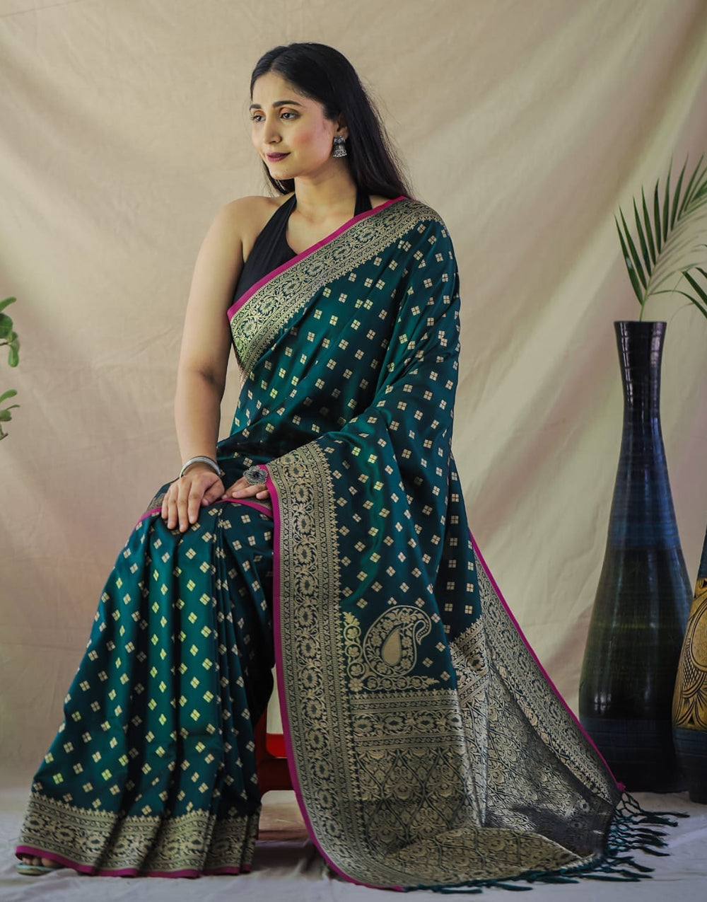 Castleton Green Banarasi Silk Saree With Zari Weaving Work