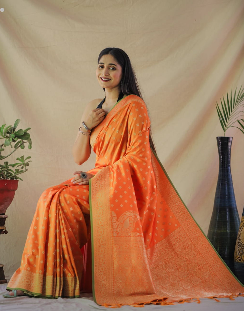 Castleton Orange Banarasi Silk Saree With Zari Weaving Work