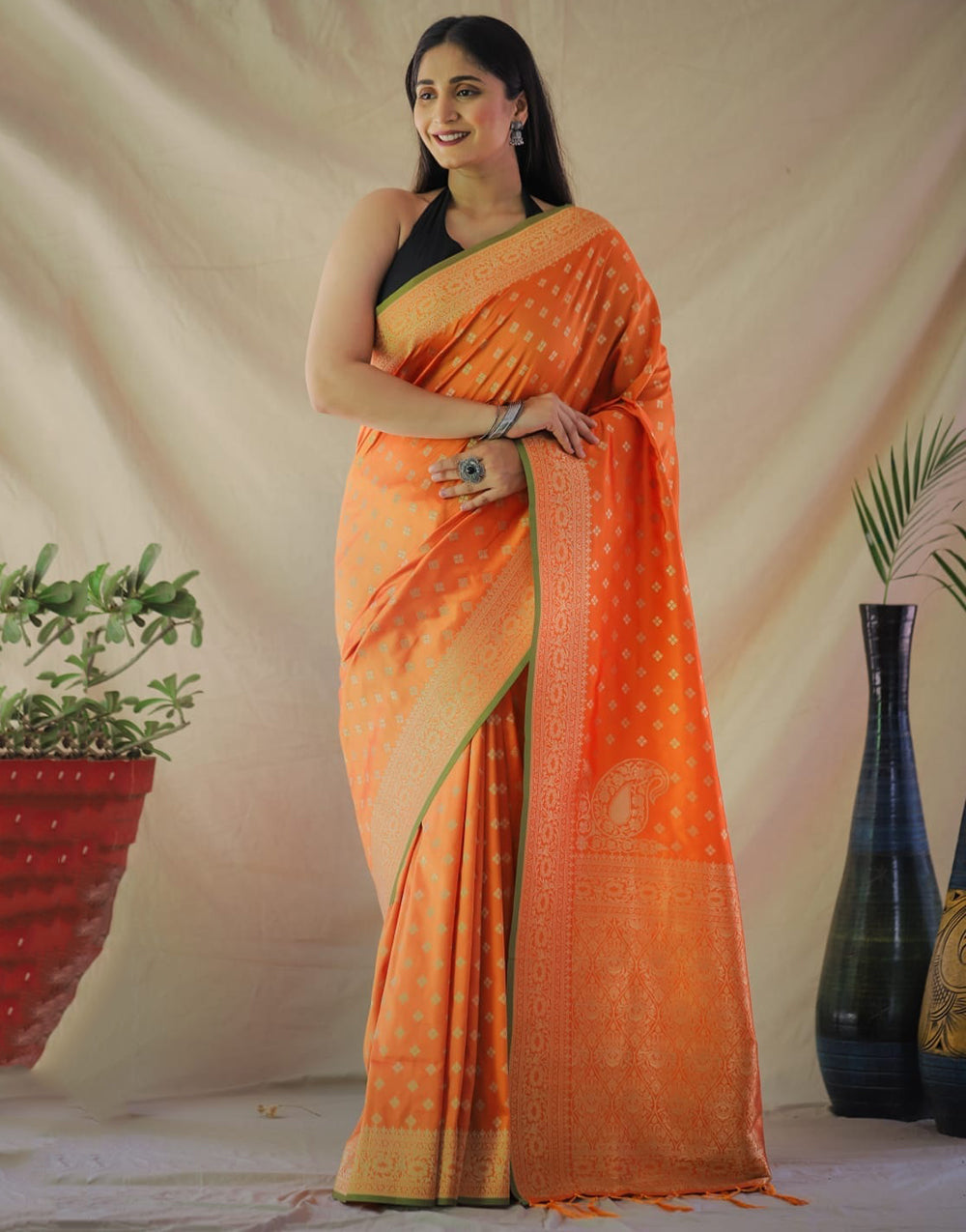 Castleton Orange Banarasi Silk Saree With Zari Weaving Work