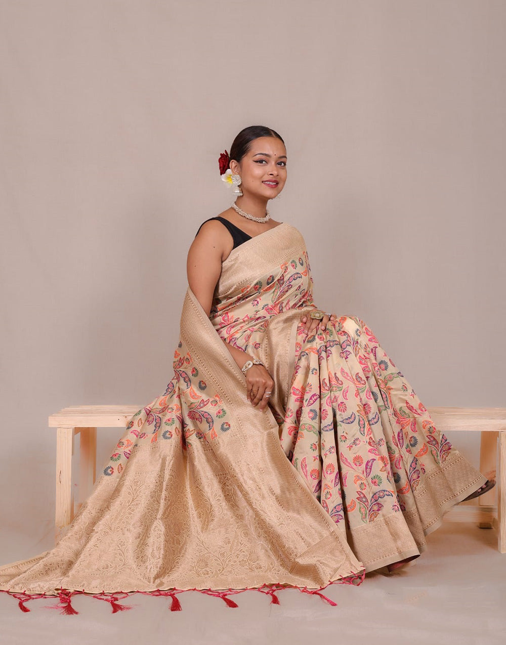 Cream Banarasi Silk Saree With Zari Weaving Work