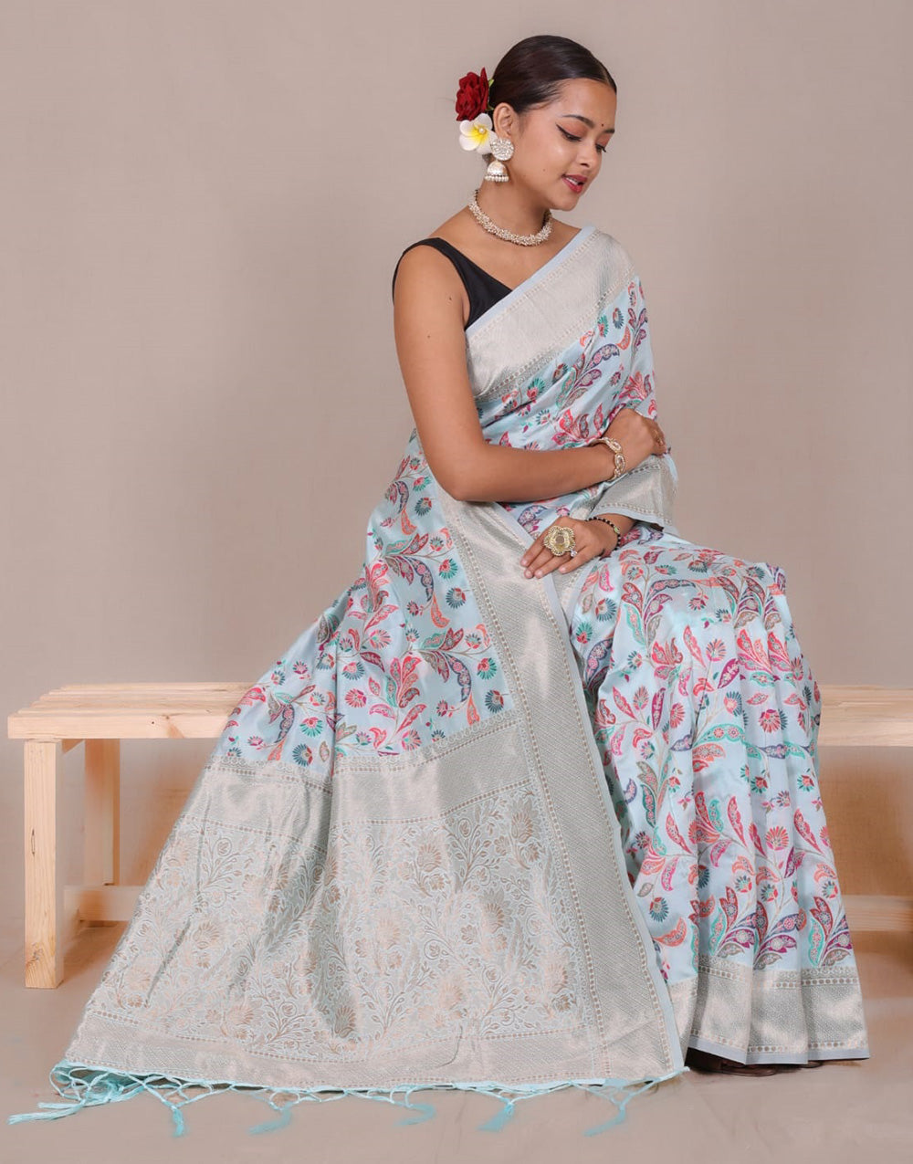 Light Blue Banarasi Silk Saree With Zari Weaving Work