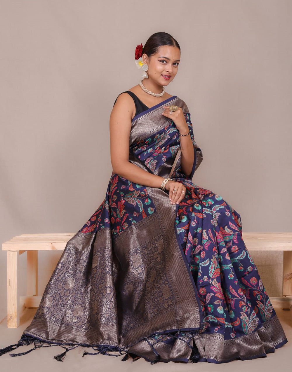 Navy Blue Banarasi Silk Saree With Zari Weaving Work