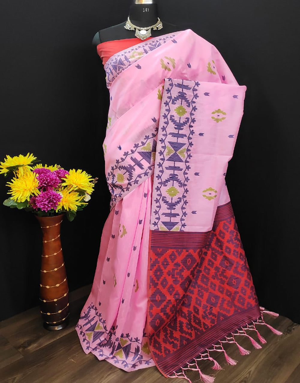 Baby Pink Cotton Saree With Printed Work