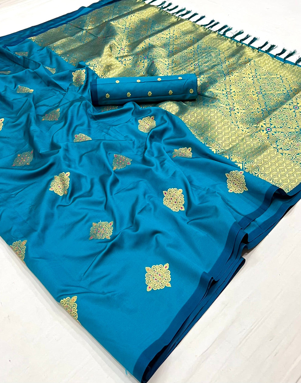 Azure Blue Silk Saree With Zari Weaving Work