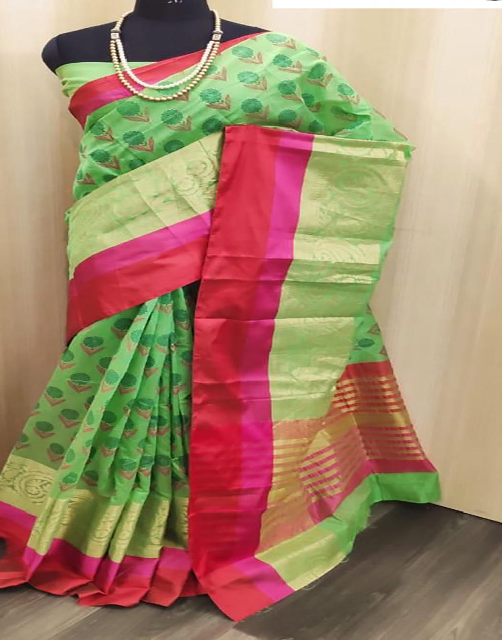 Parrot Green Cotton Saree With Printed & Weaving Border