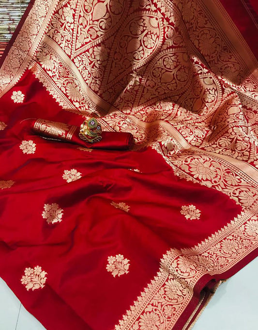 Dark Red Banarasi Silk Saree With Zari Weaving Work