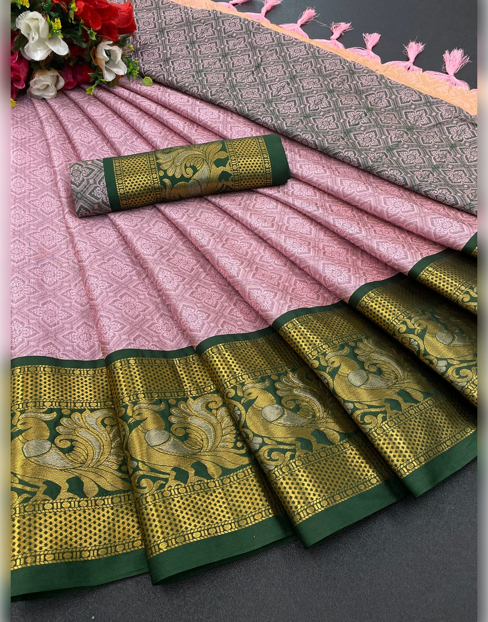 Baby Pink & Green Soft Silk Saree With Zari Weaving Work