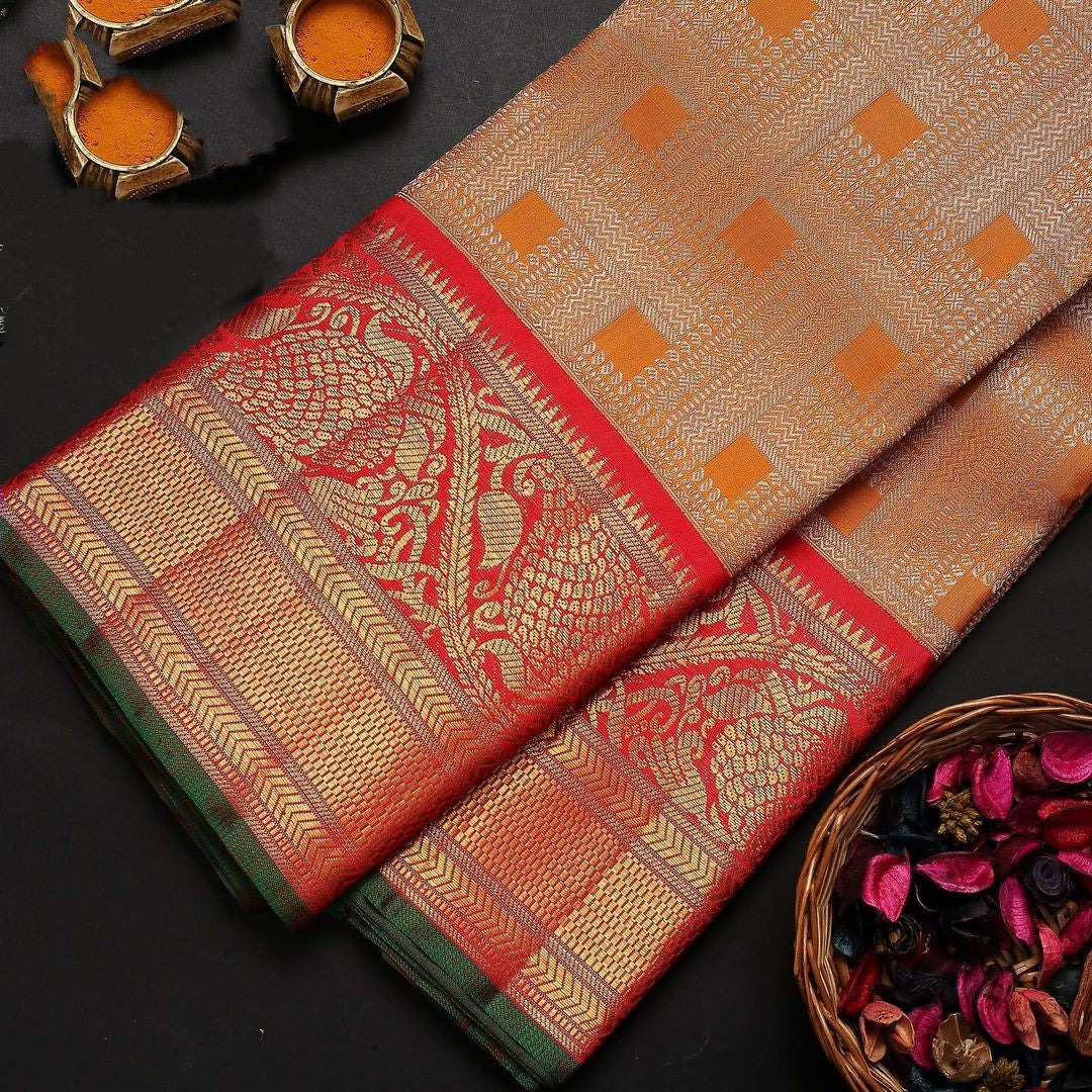 Gratifying Orange Soft Banarasi Silk Saree With Two Attractive Blouse Piece