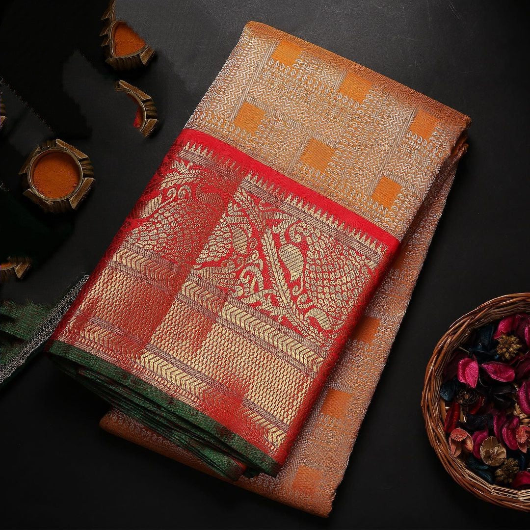 Gratifying Orange Soft Banarasi Silk Saree With Two Attractive Blouse Piece