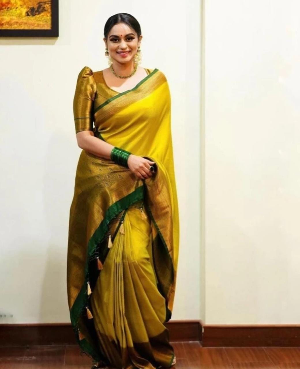 Attractive Yellow Soft Silk Saree With Pretty Blouse Piece