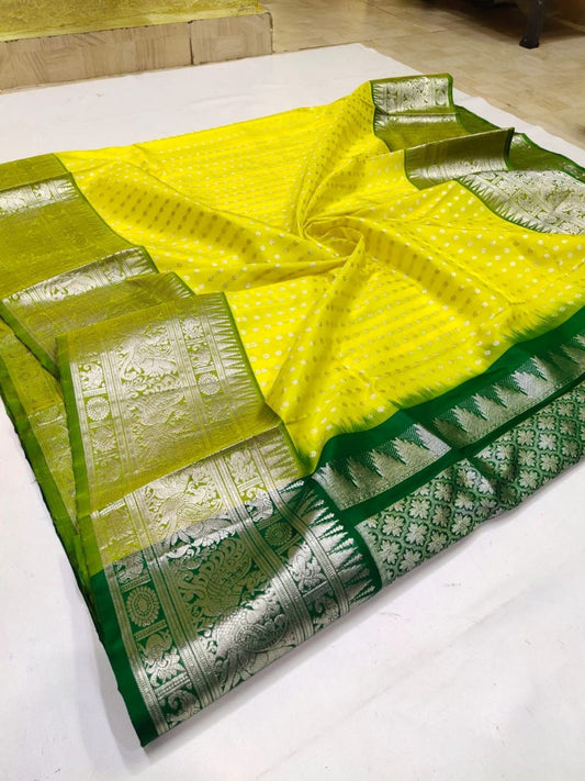 Extraordinary Lemon Soft Banarasi Silk Saree With Alluring Blouse Piece