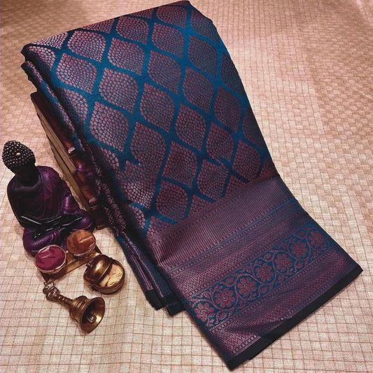 Felicitous Navy Blue Soft Silk Saree With Symmetrical Blouse Piece