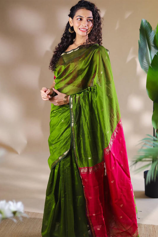 Exemplary Green Cotton Silk Saree With Seraphic Blouse Piece