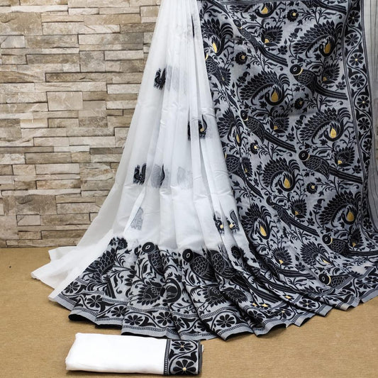 A dreamy White Cotton Silk Saree With Comely Blouse Piece