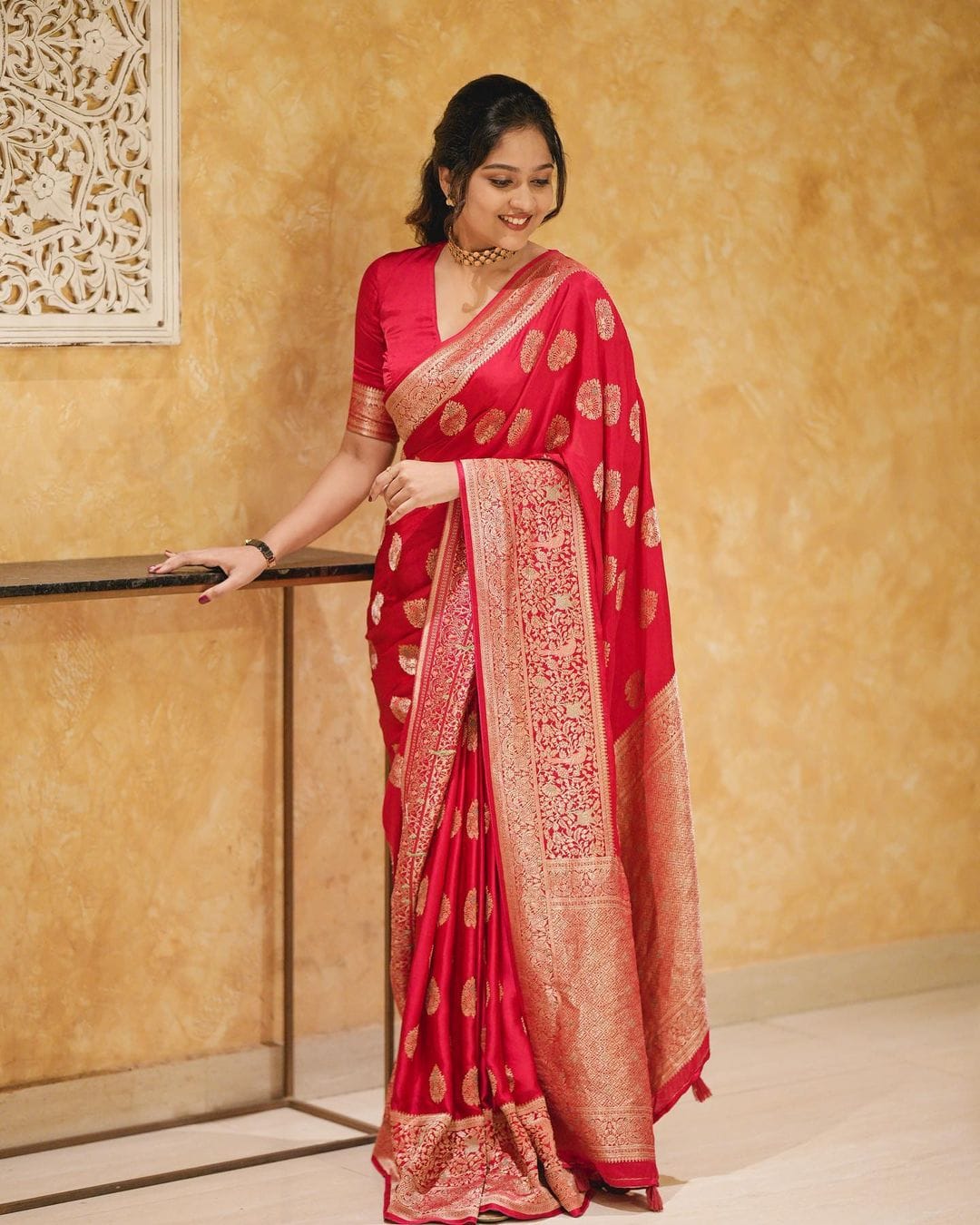 A glam Red Soft Silk Saree With Classic Blouse Piece