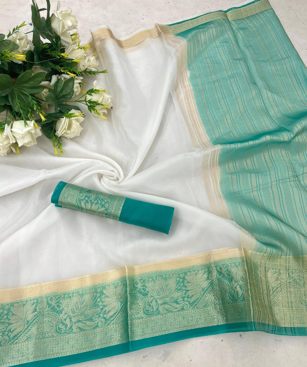 Gratifying White and Firozi Orgenza Silk Saree With Fantabulous Blouse Piece