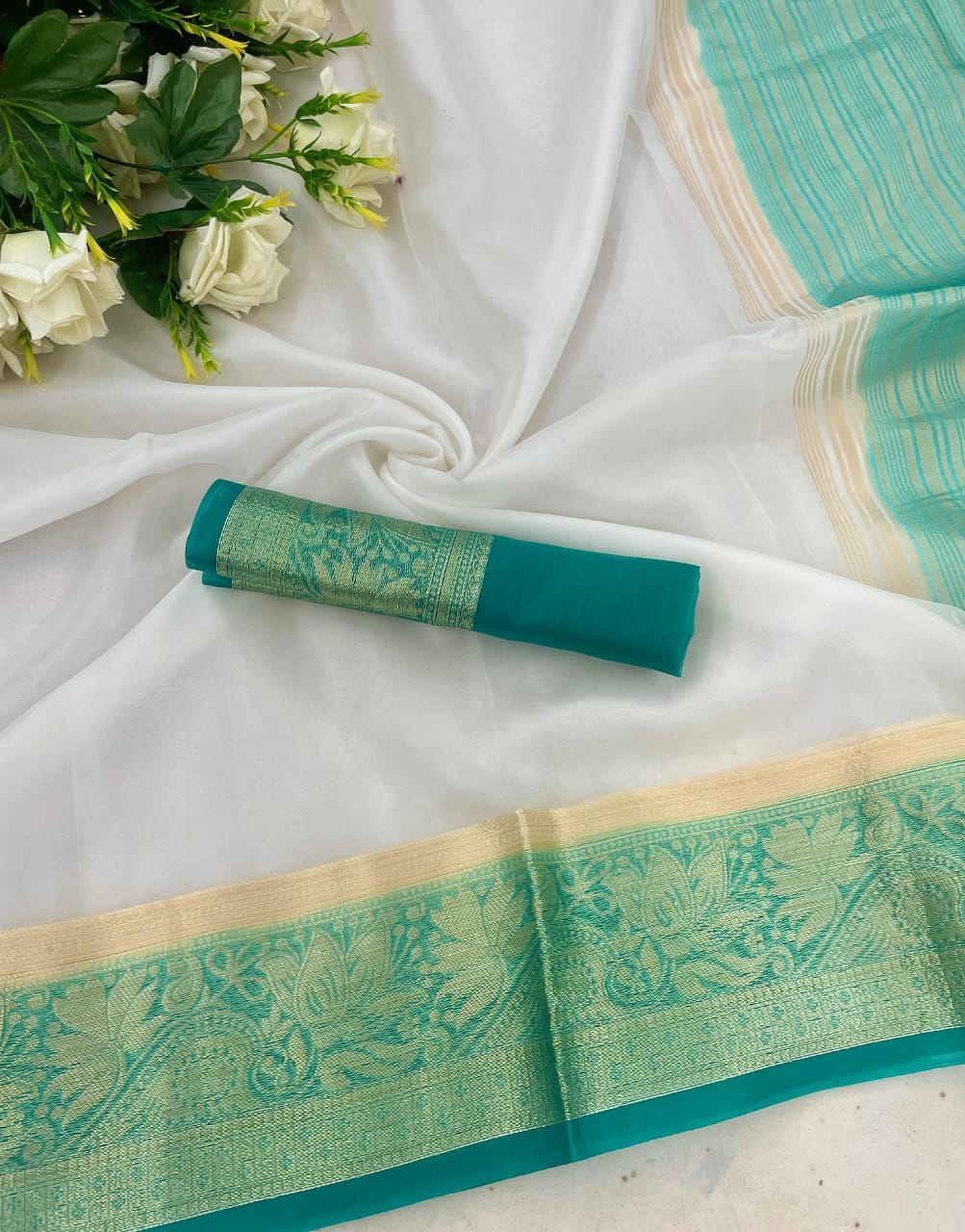 Gratifying White and Firozi Orgenza Silk Saree With Fantabulous Blouse Piece