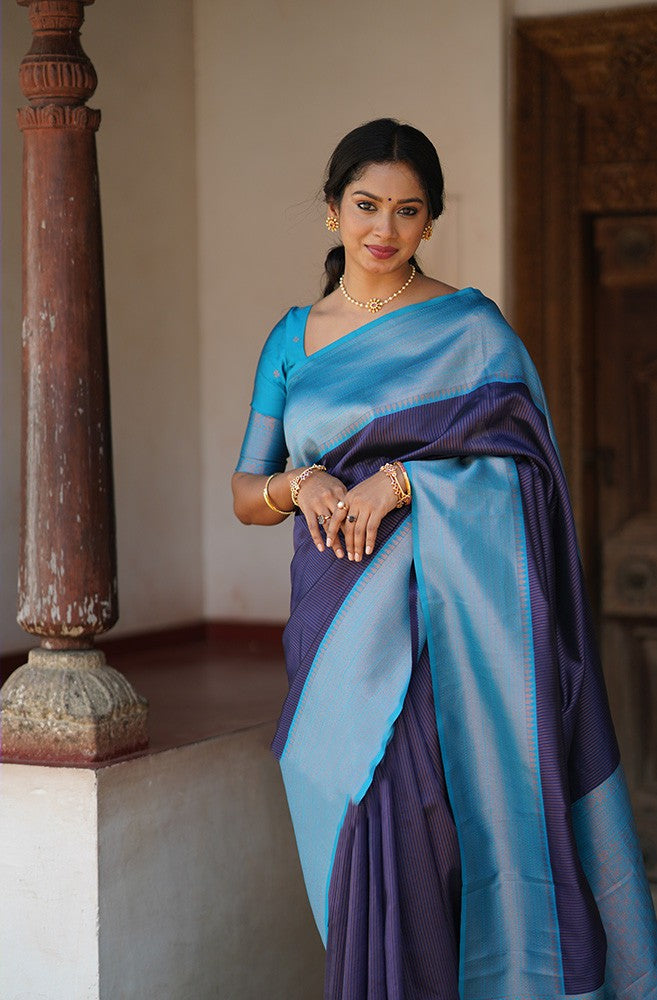 Admirable Navy Blue Soft Silk Saree With Extraordinary Blouse Piece